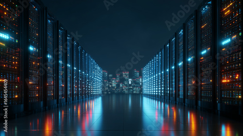 High-tech data center illuminated by colorful lights at night with city skyline in the background Generative AI