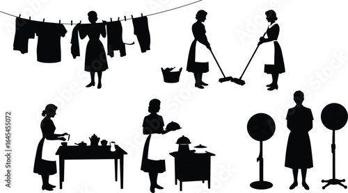 Vintage women silhouette doing housework, cleaning, laundry, cooking, serving food, using fan, retro domestic chores, vector art illustration