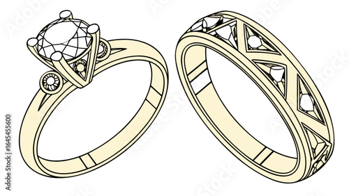 Diamond engagement ring and wedding band set in yellow gold for bridal jewelry and anniversary gifts ideas