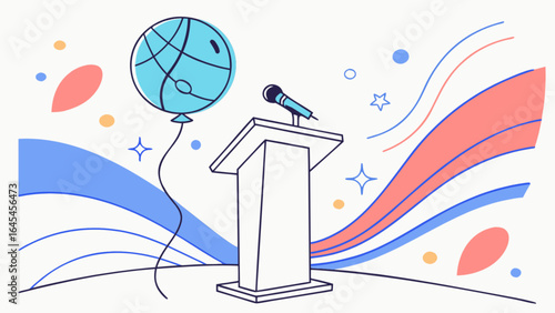 Public speaking event with podium microphone and balloon for conference presentation and lecture celebration