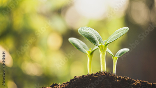 Young green seedlings sprouting from rich soil under soft morning light, representing growth, hope, and new life.