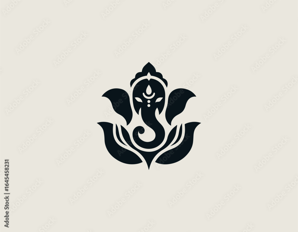 Fototapeta premium Black Vector Logo of Ganesha Head with Lotus Flower for Ganesh Chaturthi
