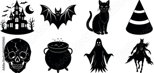 set of halloween element silhouette collection. Black and white vector. pmpkin, ghost, cat, horror house, witch, owl, raven bird, spider, witch hat