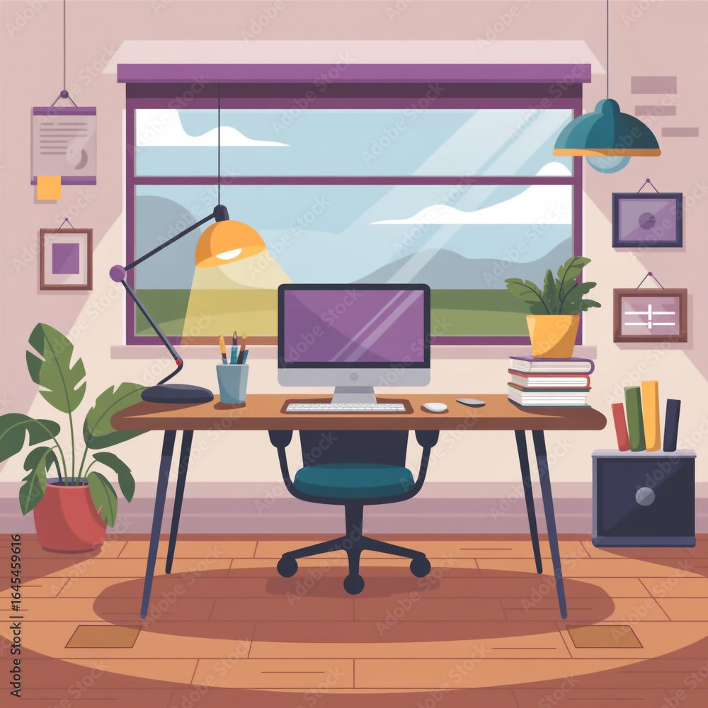 Fototapeta premium Cozy home office with a computer on a desk, a chair, a lamp, and a window with a view, creating a comfortable and modern workspace