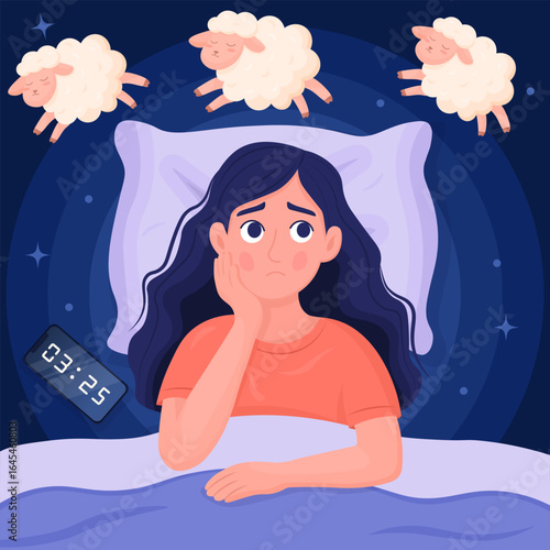 Vector cartoon image of a person with insomnia. Who counts sheep. Concept of bad sleep, worrying about problems, depression, work. Element for your design