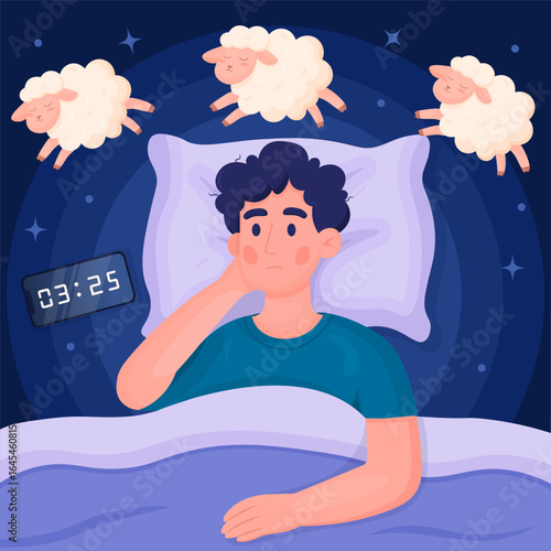 Vector cartoon image of a person with insomnia. Who counts sheep. Concept of bad sleep, worrying about problems, depression, work. Element for your design