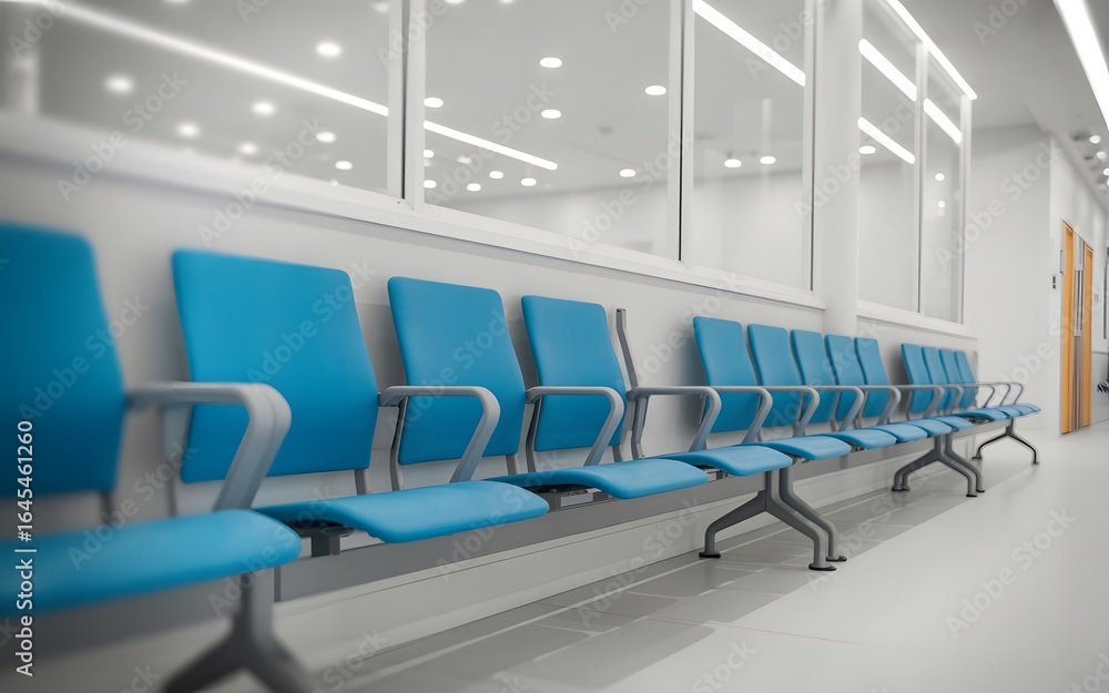Fototapeta premium Row of Blue Waiting Room Chairs in a Modern Corridor image photo