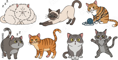 Create a kinds of deferent cat, animal, cartoon, dog, pet, set, vector, illustration, kitten, icon, cute, collection, baby, head, animals, tiger, vector art with white background.
