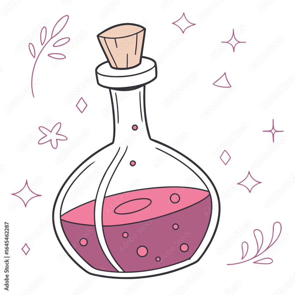A cartoon potion bottle with pink liquid isolated on white background A cartoon potion bottle with pink liquid isolated on white background