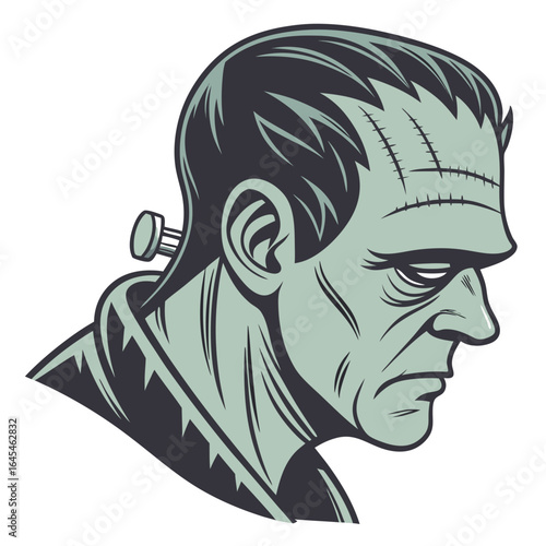 Frankensteins monster head with bolts and scars isolated on white background