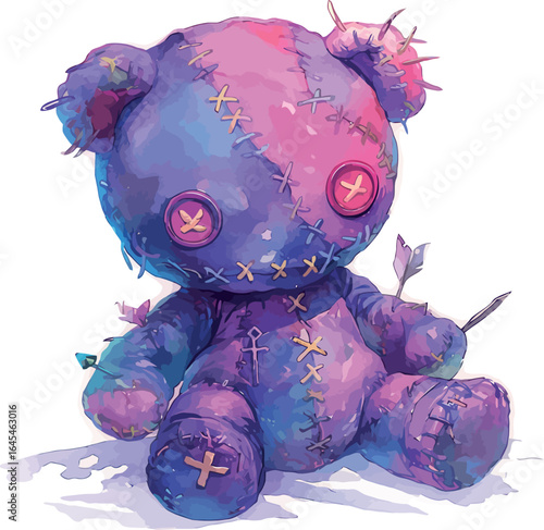 Hand-painted watercolor of a whimsical purple and pink Halloween voodoo doll with magical details - vector illustration