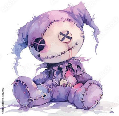 Watercolor painting of a Halloween-themed voodoo doll in purple and pink shades with mystical charms - vector illustration