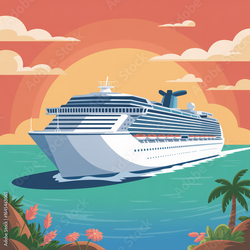 Wallpaper Mural A cruise ship sailing on the ocean at sunset with palm trees and tropical plants in the foreground, creating a sense of vacation Torontodigital.ca