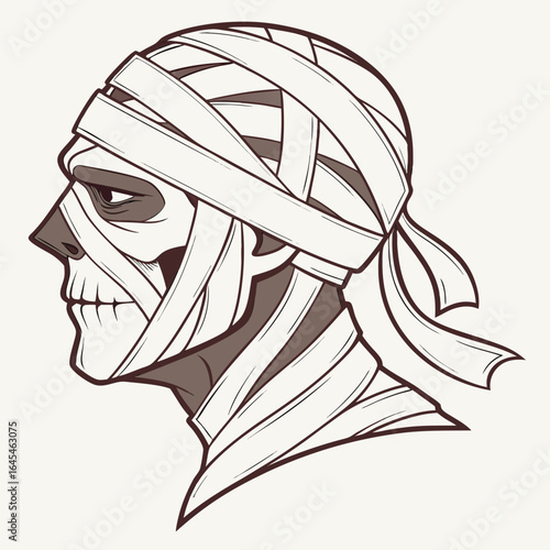 Illustration of a mummy with visible skull wrapped in bandages isolated on white background
