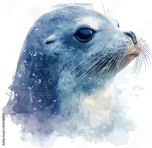 Detailed watercolor painting of a sea lion resting on rocks near the ocean - vector illustration