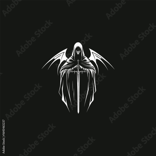engraving style illustration features a demon nun holding a sword, blending gothic horror with sacred and dark symbolism