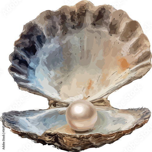 Artistic watercolor illustration of a delicate seashell holding a lustrous pearl inside - vector illustration