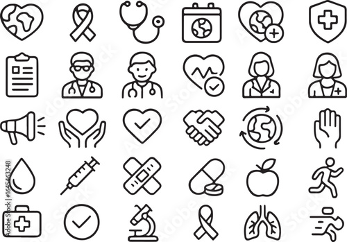 Collection of hand drawn medical and healthcare icons representing health wellness and professional care services