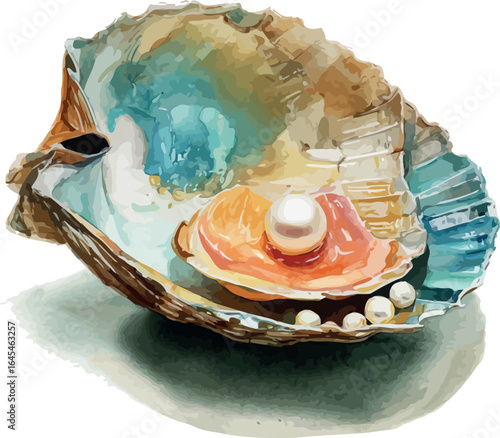 Beautiful watercolor painting of an open seashell with a shimmering pearl inside - vector illustration