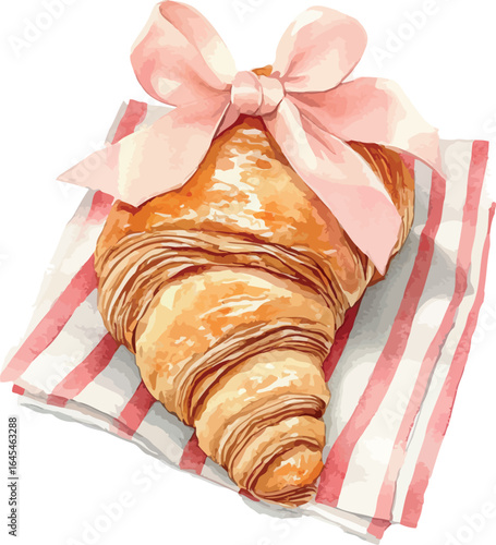 Artistic watercolor depiction of a single fluffy croissant highlighting its golden layers and texture - vector illustration