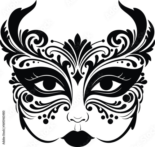 A striking and ornate decorative mask with dramatic, swirling patterns and horns, a black and white vector illustration of a mysterious face perfect for masquerade, fantasy, and tattoo design.