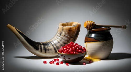Symbolic imagery: shofar beside pomegranate seeds and honey pot, studio shot on neutral background.

