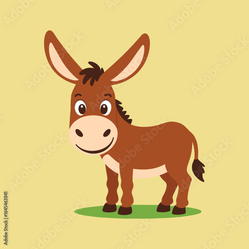 Cute Cartoon Donkey Standing on Grass, Vector Illustration of Farm Animal with Big Ears and Happy Expression for Kids and Educational Design.