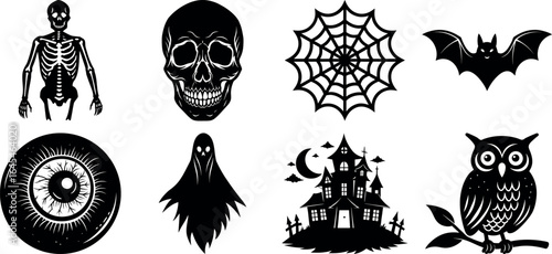 set of halloween element silhouette collection. Black and white vector. pmpkin, ghost, cat, horror house, witch, owl, raven bird, spider, witch hat