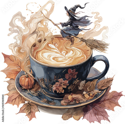 Watercolor painting of a spooky Halloween coffee mug featuring a witch flying on a broomstick - vector illustration