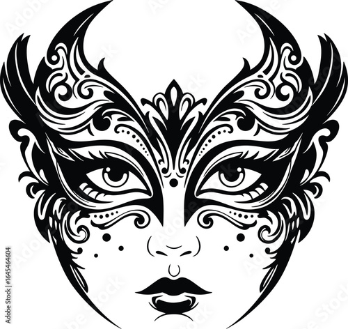 A striking and ornate decorative mask with dramatic, swirling patterns and horns, a black and white vector illustration of a mysterious face perfect for masquerade, fantasy, and tattoo design.