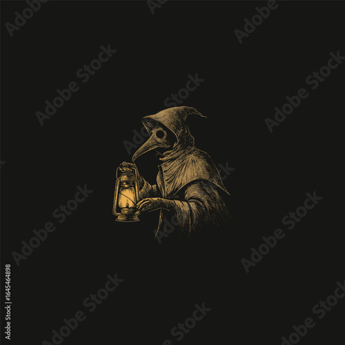 Doctor plague holding lantern engraving design vector template illustration