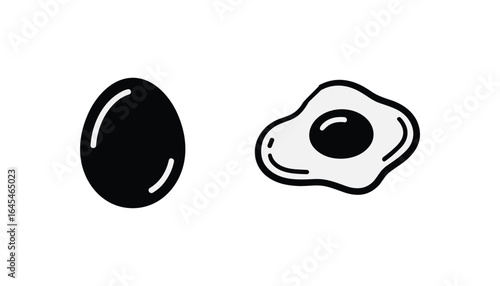 Minimalist Black and White Vector Illustration of Whole Egg and Fried Egg Icon, Simple Line Art Style for Food and Breakfast Design.