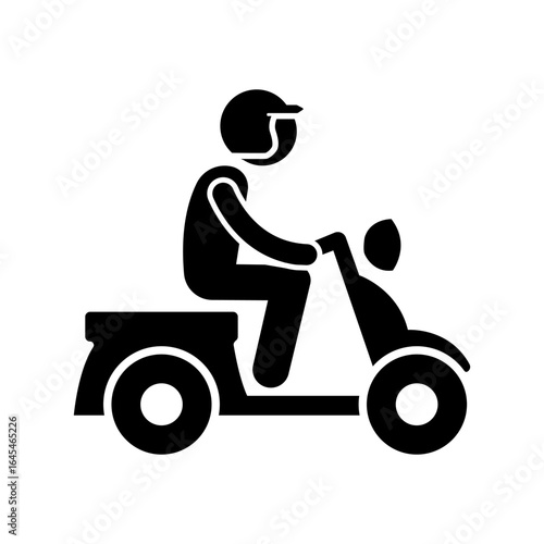 Stickman riding a scooter. Stick figure cartoon. Scooter riders wear helmets.