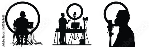 set of podcast and video recording scenes with people and equipment