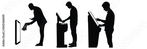 set of people silhouettes using self-service kiosk in different poses