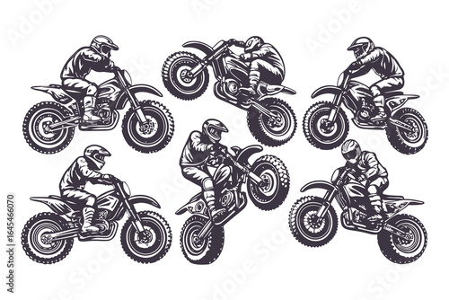 Motocross Dirt Bike Rider Icon Set – Vintage Vector Illustrations of Extreme Off-Road Motorcycle Stunts and Jumps