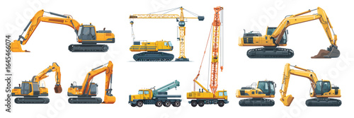 set of excavators and heavy machinery for construction projects