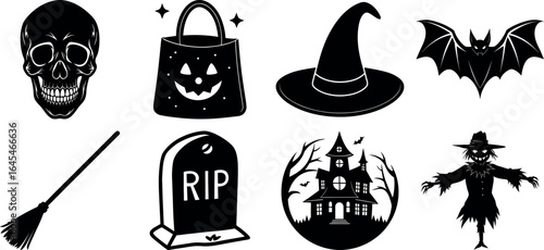 set of halloween element silhouette collection. Black and white vector. pmpkin, ghost, cat, horror house, witch, owl, raven bird, spider, witch hat