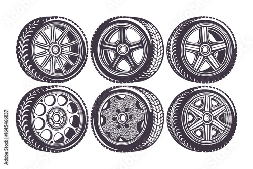 Car Wheels and Tires Vector Set. Detailed Alloy Rims and Tread Illustrations for Automotive Design