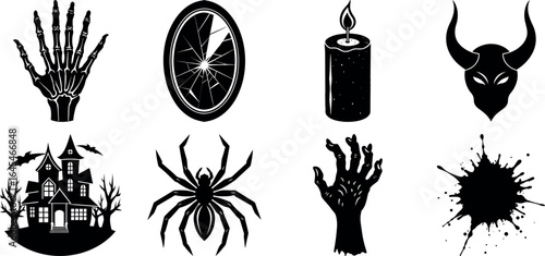 set of halloween element silhouette collection. Black and white vector. pmpkin, ghost, cat, horror house, witch, owl, raven bird, spider, witch hat