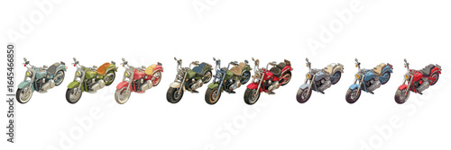 Set of classic and modern motorcycle variations, multiple colors and models, detailed isometric vector style for automotive design