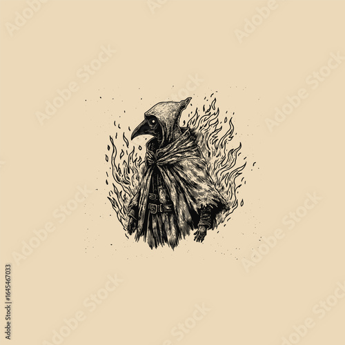 engraving style illustration portrays a plague doctor standing in roaring flames, combining gothic horror with vintage