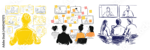 variety of business brainstorming and teamwork silhouettes in flat style