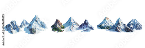 Set of realistic mountain peak illustrations, snow-covered and rocky summits in natural landscape style, vector collection