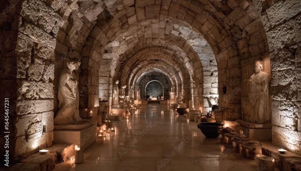 Obraz premium A dimly lit stone corridor, lined with ancient statues and urns, features arched ceilings and a polished floor, illuminated by candlelight