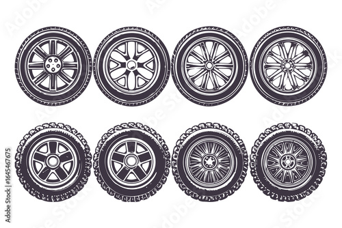Car Wheels and Tires Vector Set. Detailed Alloy Rims and Tread Illustrations for Automotive Design