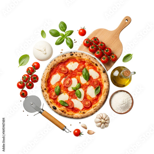 Delicious Margherita Pizza Composition Fresh Ingredients Overhead Italian Cuisine Tomatoes Mozzarella Basil Olive Oil and Flour Culinary Still Life