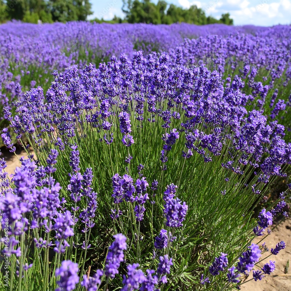 Naklejka premium Lush lavender field under a bright sky
