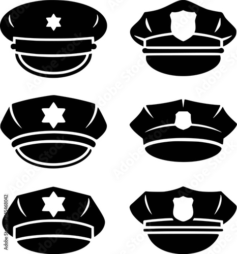 Black police caps with star and shield emblems uniform