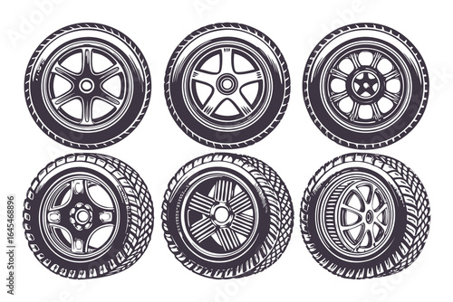 Car Wheels and Tires Vector Set. Detailed Alloy Rims and Tread Illustrations for Automotive Design